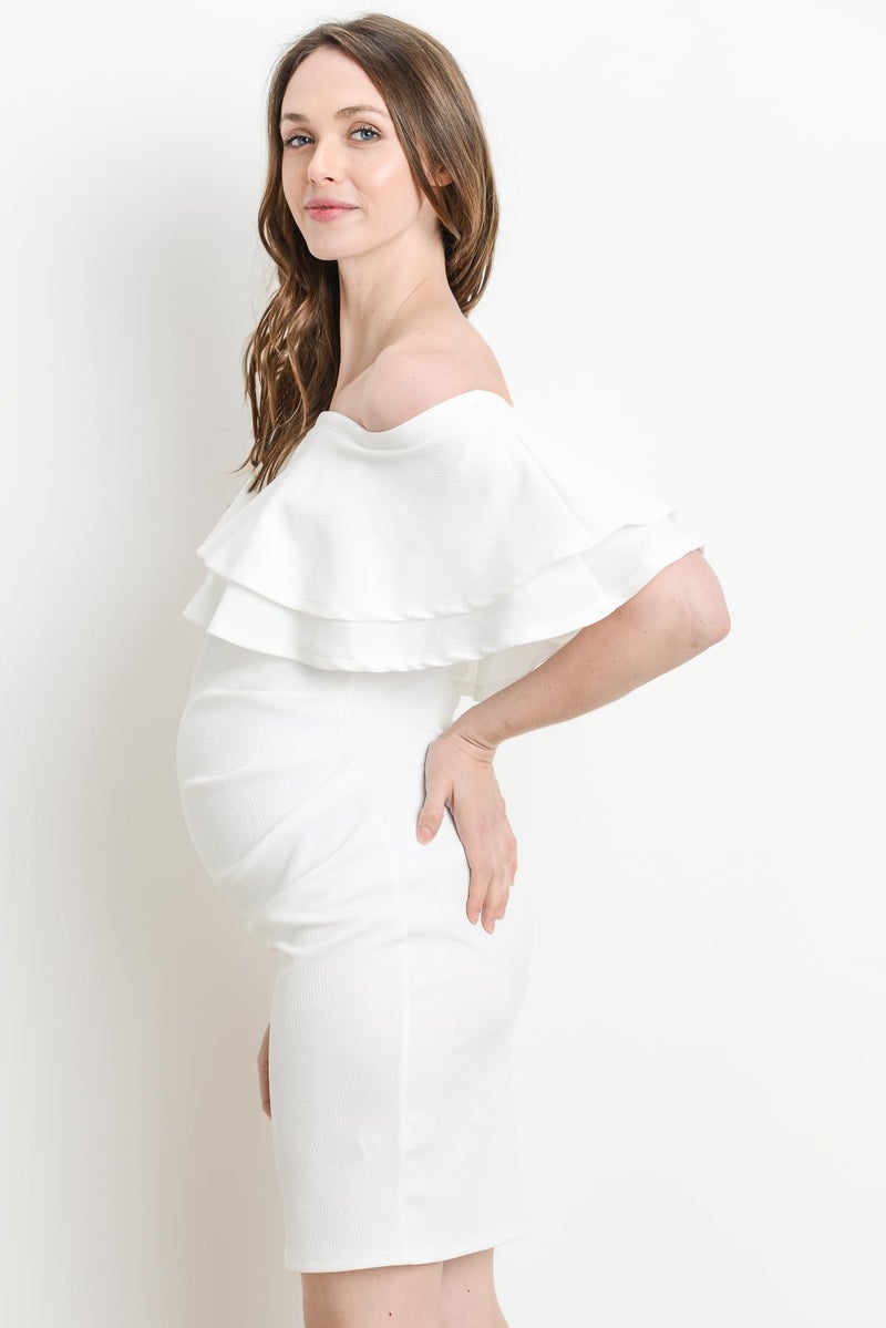 LaClef Women's Off Shoulder Maternity Dress with Double Ruffle, Off White, Large - Image 5